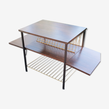 Coffee table with flaps from the 60s in black and gold metal, rosewood veneer tops