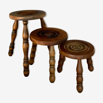 Trio of vintage turned wood stools