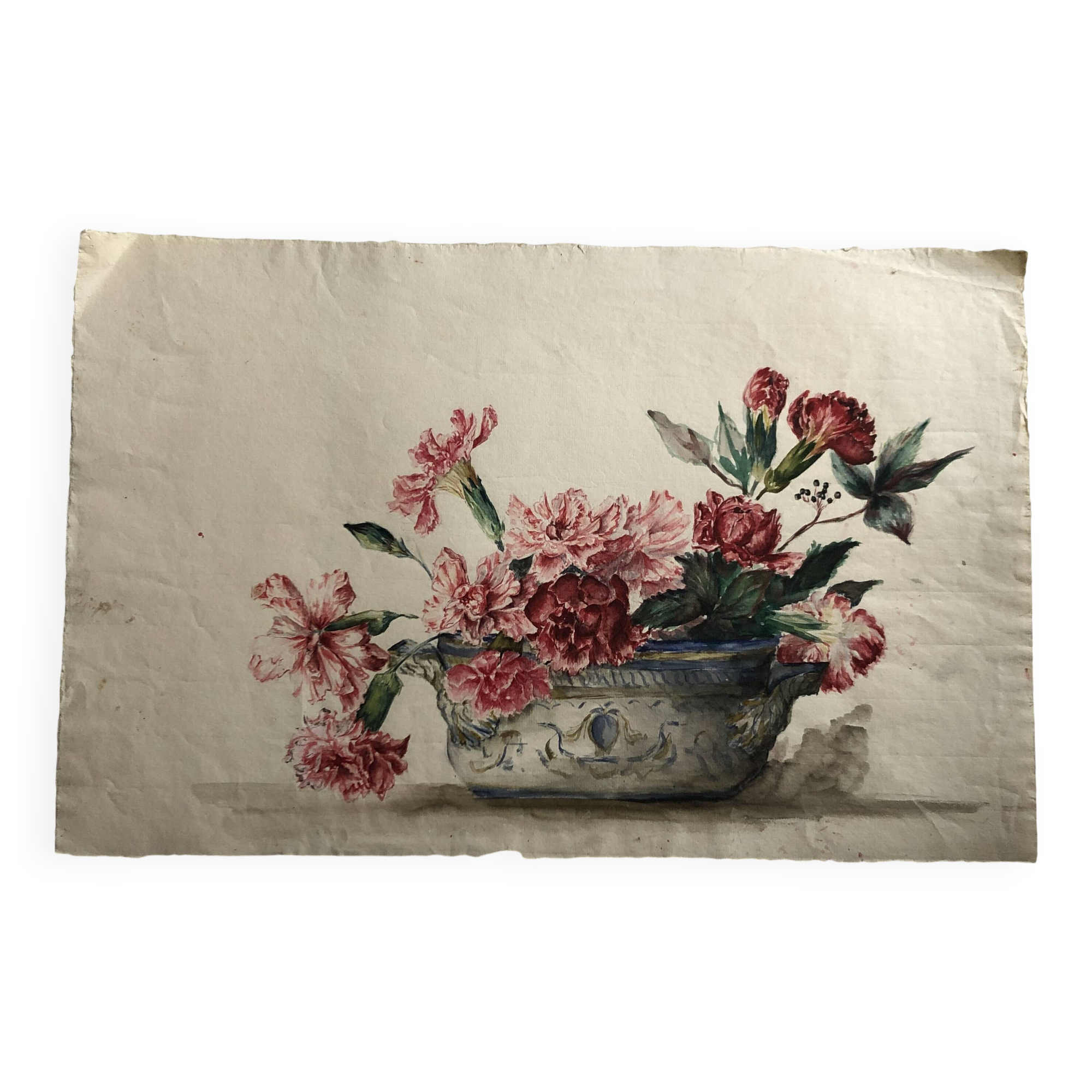 Gouache on paper - bouquet of carnations
