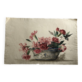 Gouache on paper - bouquet of carnations