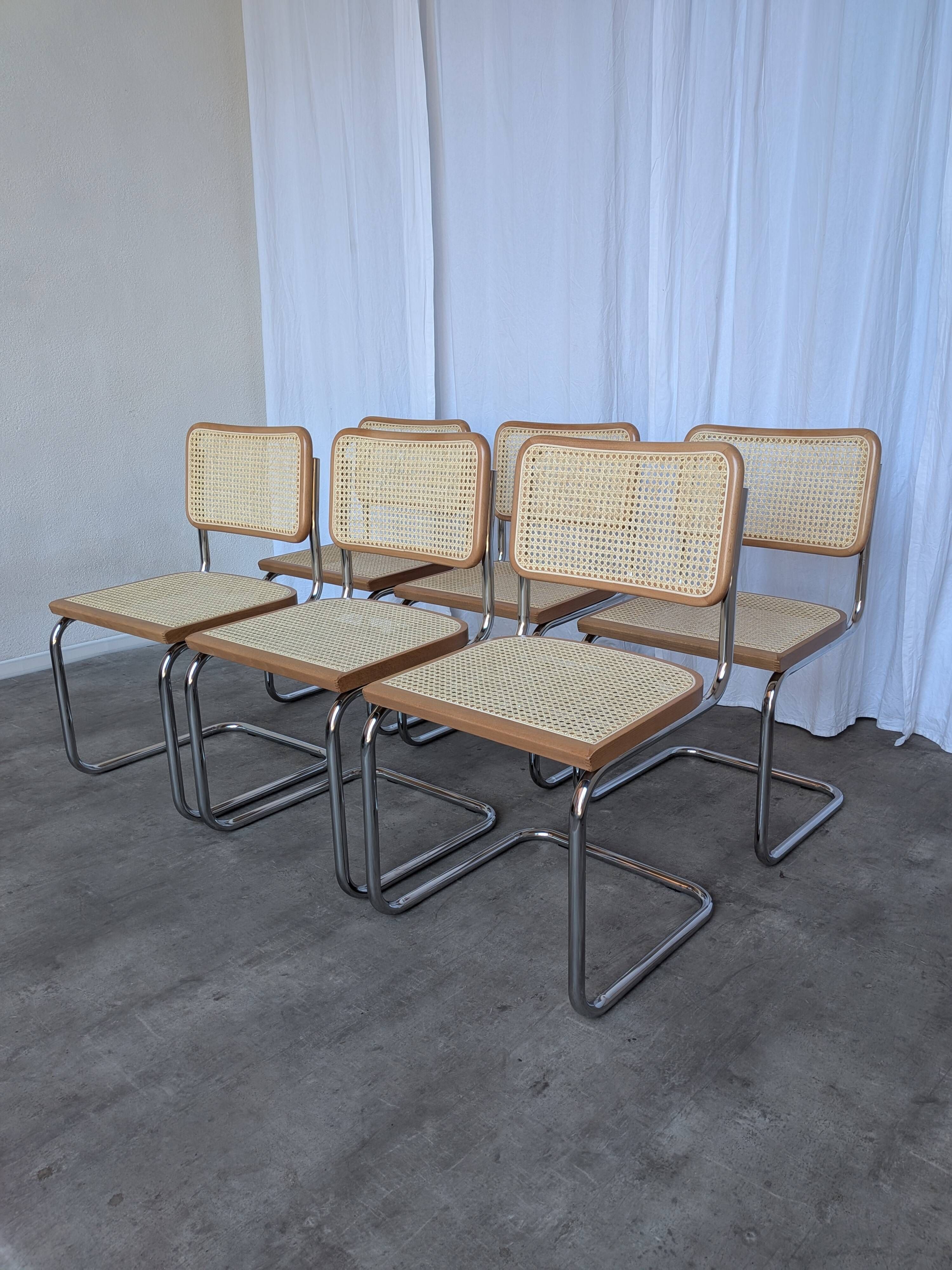 Ensemble de 6 chaises Cesca Design Marcel Breuer / Noyer clair, cannage, chrome, salle à manger