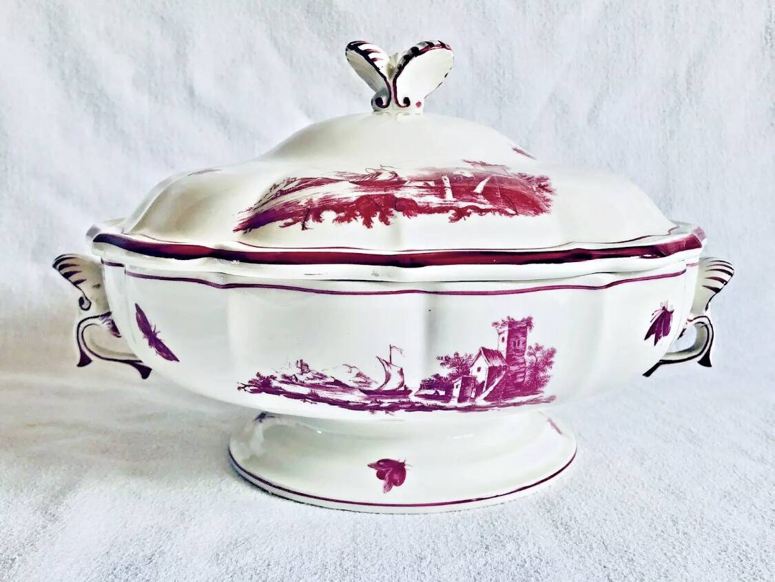 Old small Gien earthenware vegetable soup tureen, pink landscape model