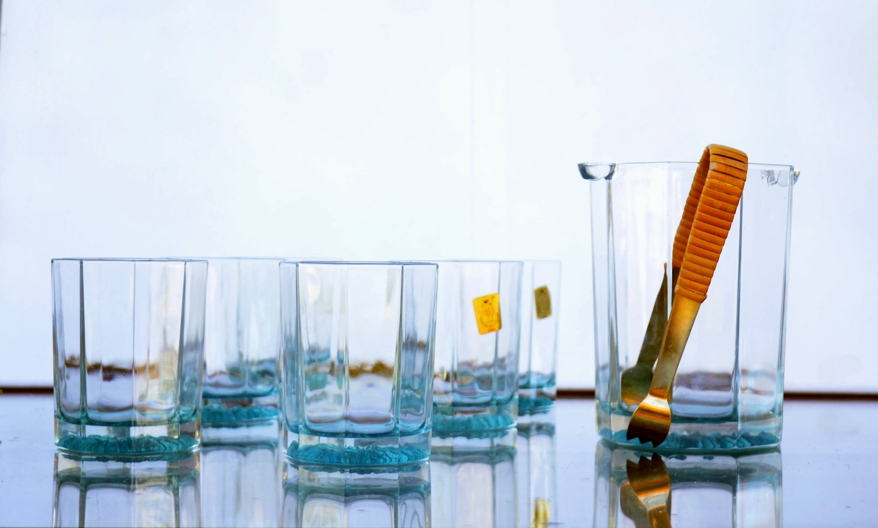 Mid Century Italy Frangar Non Flectar Whiskey Set of Blue Glasses With Ice Bucket and Fork Tongs