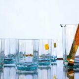 Mid Century Italy Frangar Non Flectar Whiskey Set of Blue Glasses With Ice Bucket and Fork Tongs