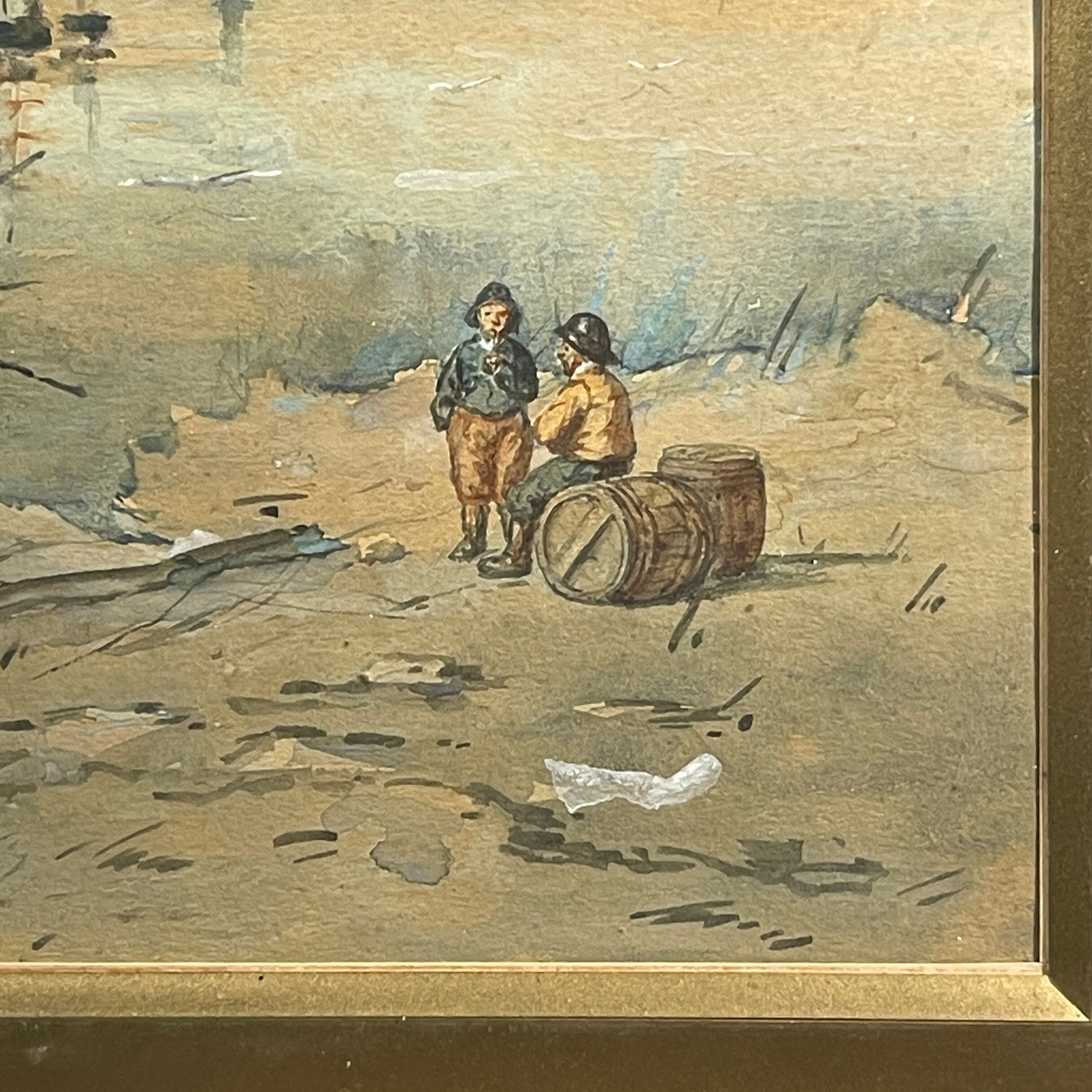 " Boats stranded at low tide " by A. Semlinck, Aquarelle Marine, Bateaux Voiliers, ca 1910