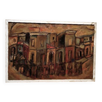 Oil on canvas "Funerals in Syracuse" by Ferruccio Ferri - Exhibition Gulf of La Spezia, 1940s