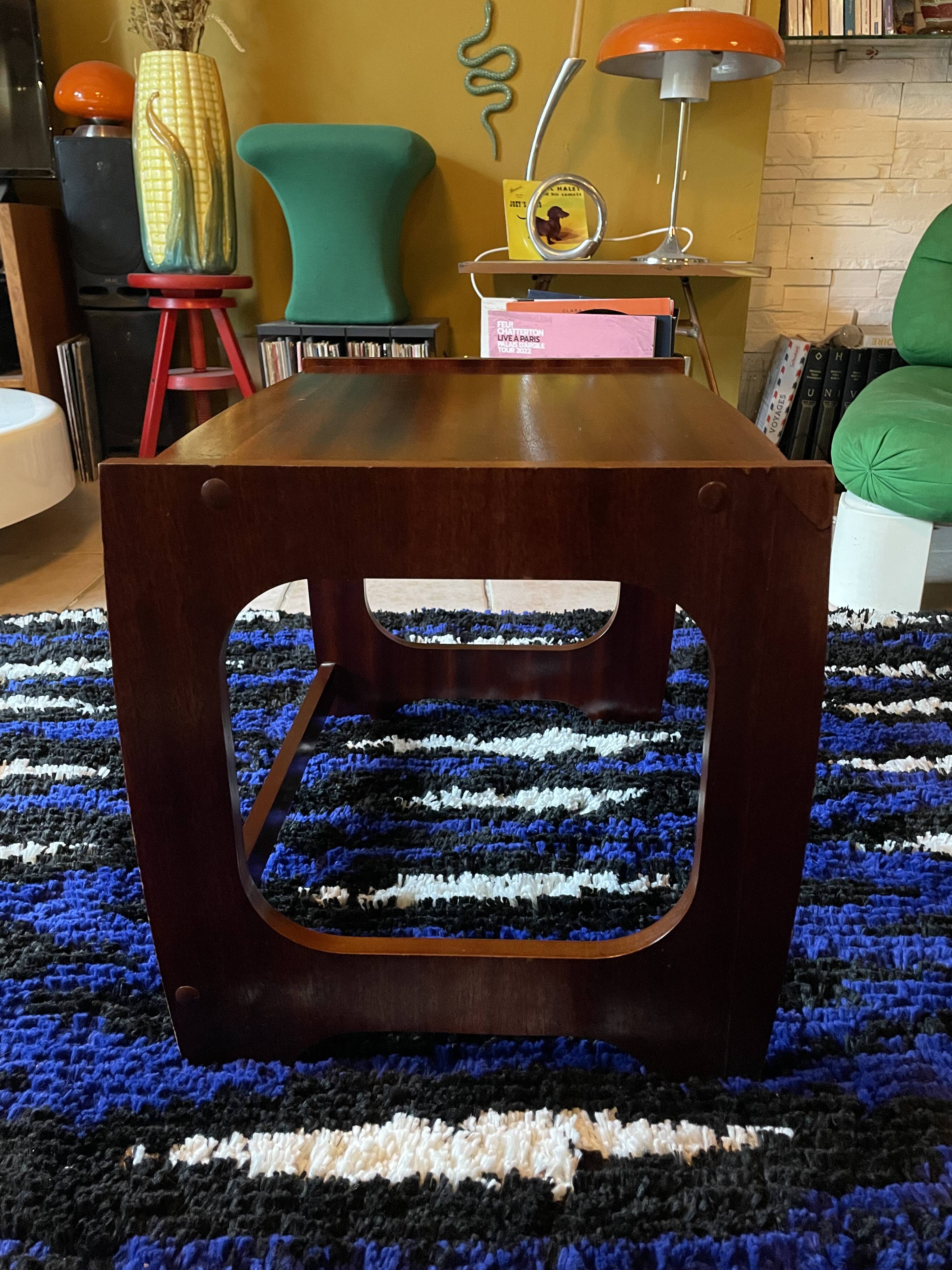 Set of three nesting coffee tables, 1970, dark wood.