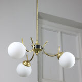 Italian Mid-century Brass and Opaline Glass Chandelier