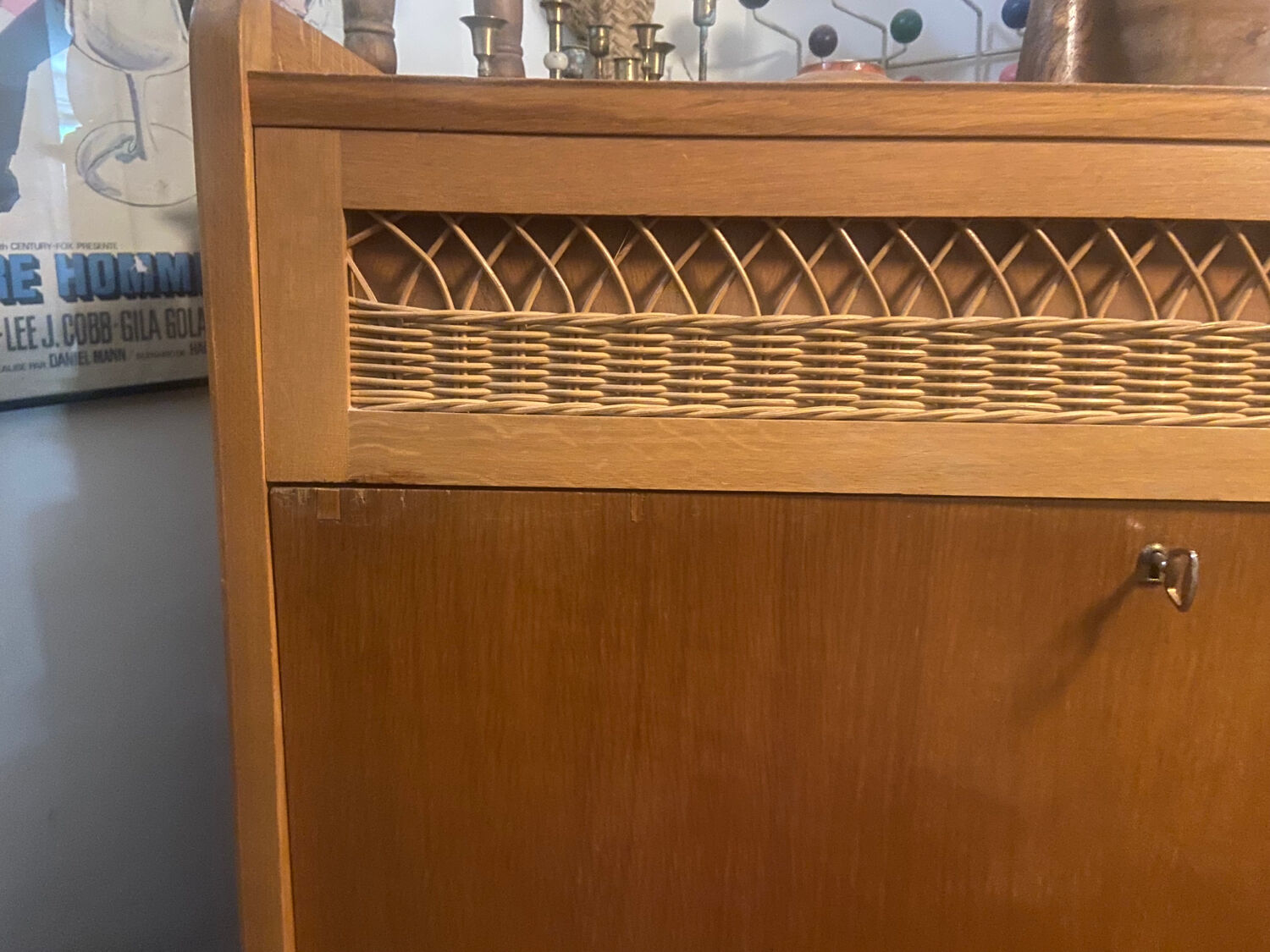 Vintage wooden and rattan secretary