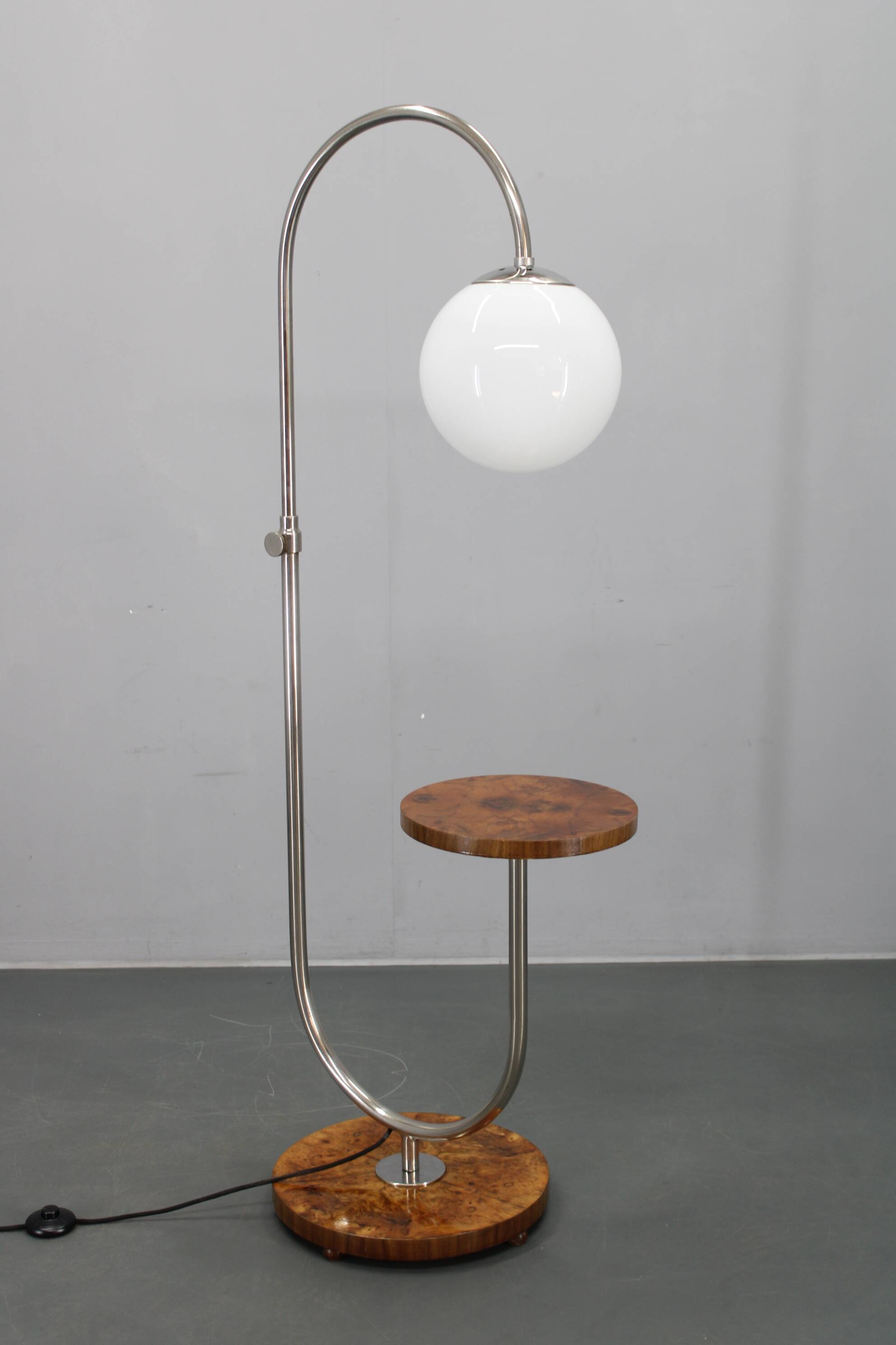 1930s Czechoslovak Art Deco chrome floor lamp with milk glass globe and table
