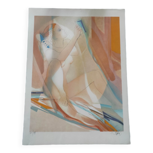 Femme se coiffant - lithographie