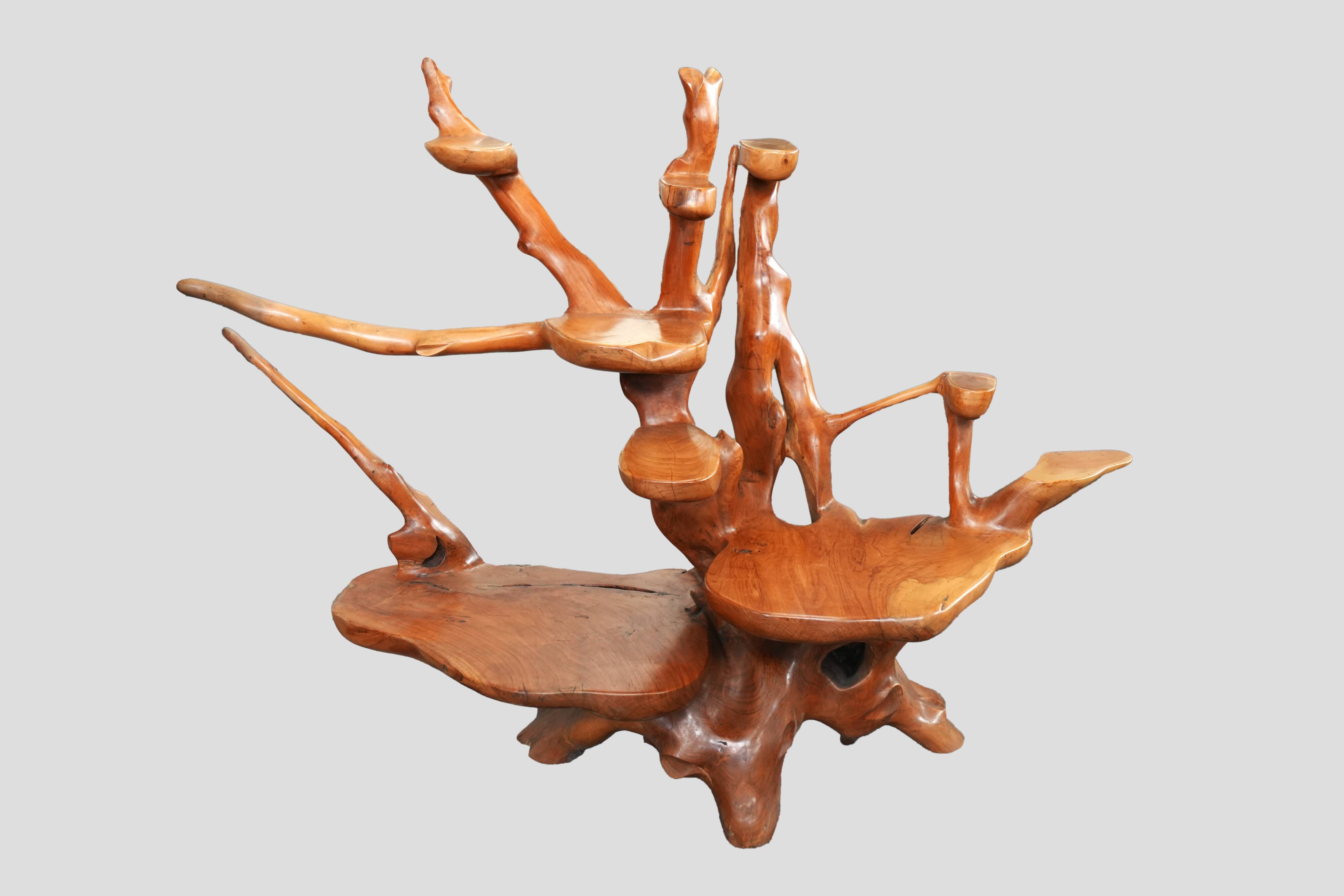 Modern Rustic Adirondack Planter & Pedestal – Organic Wood Art with 3 Shelv