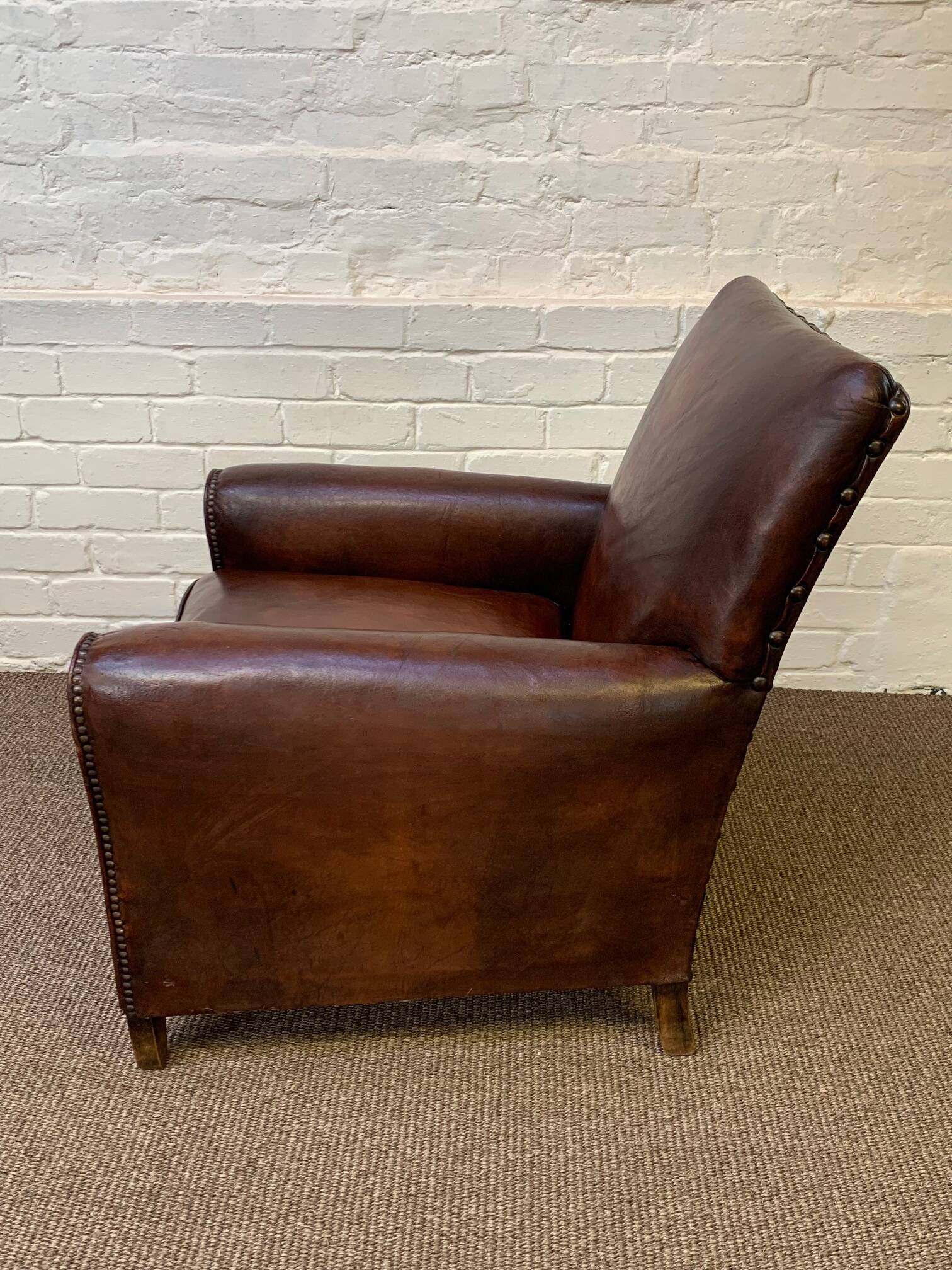 Antique Leather Club Chair, Normandy Model, Circa 1920's