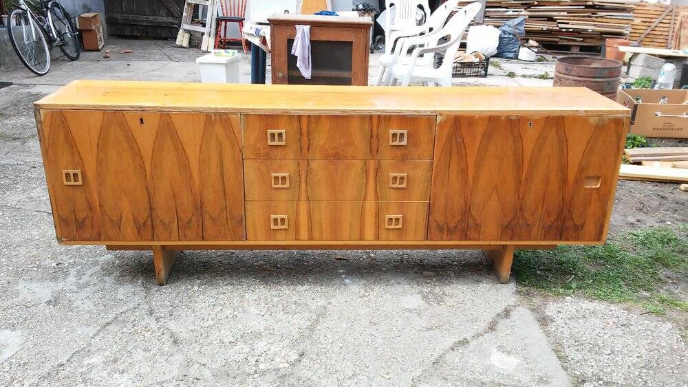 Enfilade vintage marron en bois plaqué laqué, motifs marquetés symétriques, 1960s, 210 cm