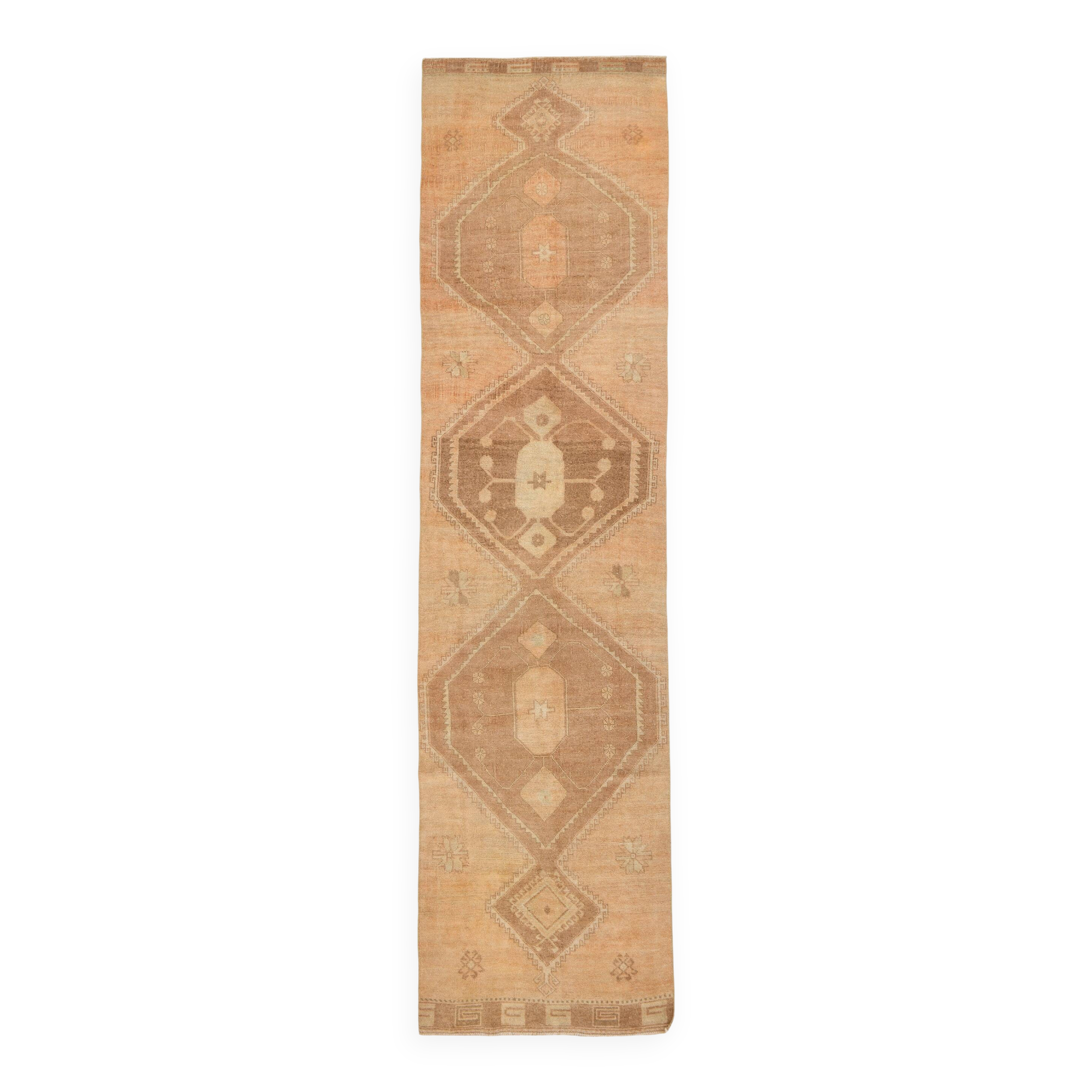 Brown & Cream Turkish Runner Rug, 95x377Cm