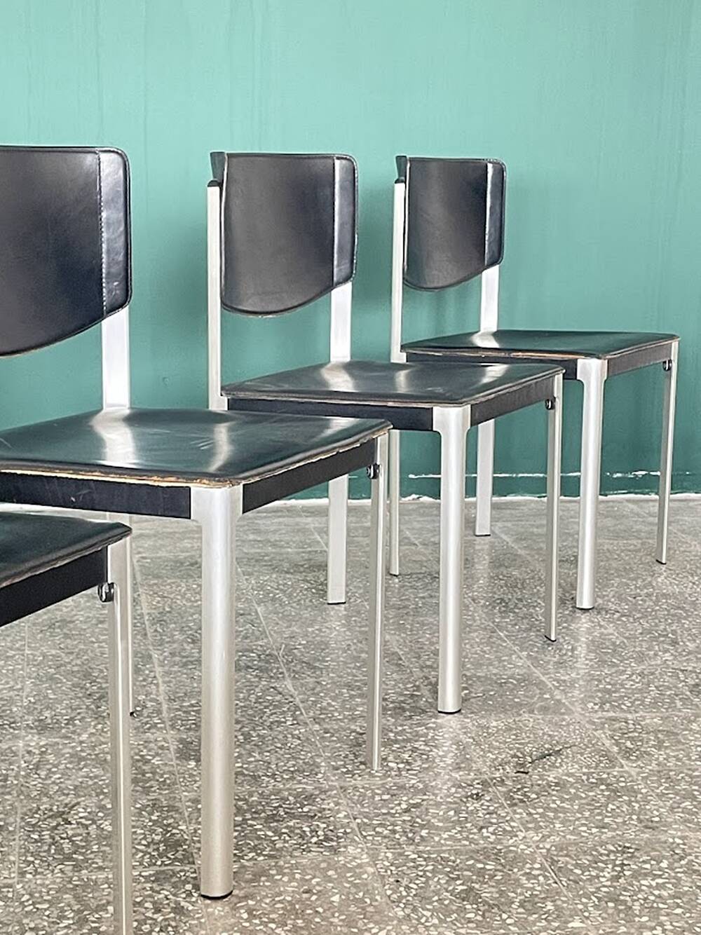 Set of 4 Matteo Grassi Postmodern Black Leather Dining Chairs, Italy, 1980s