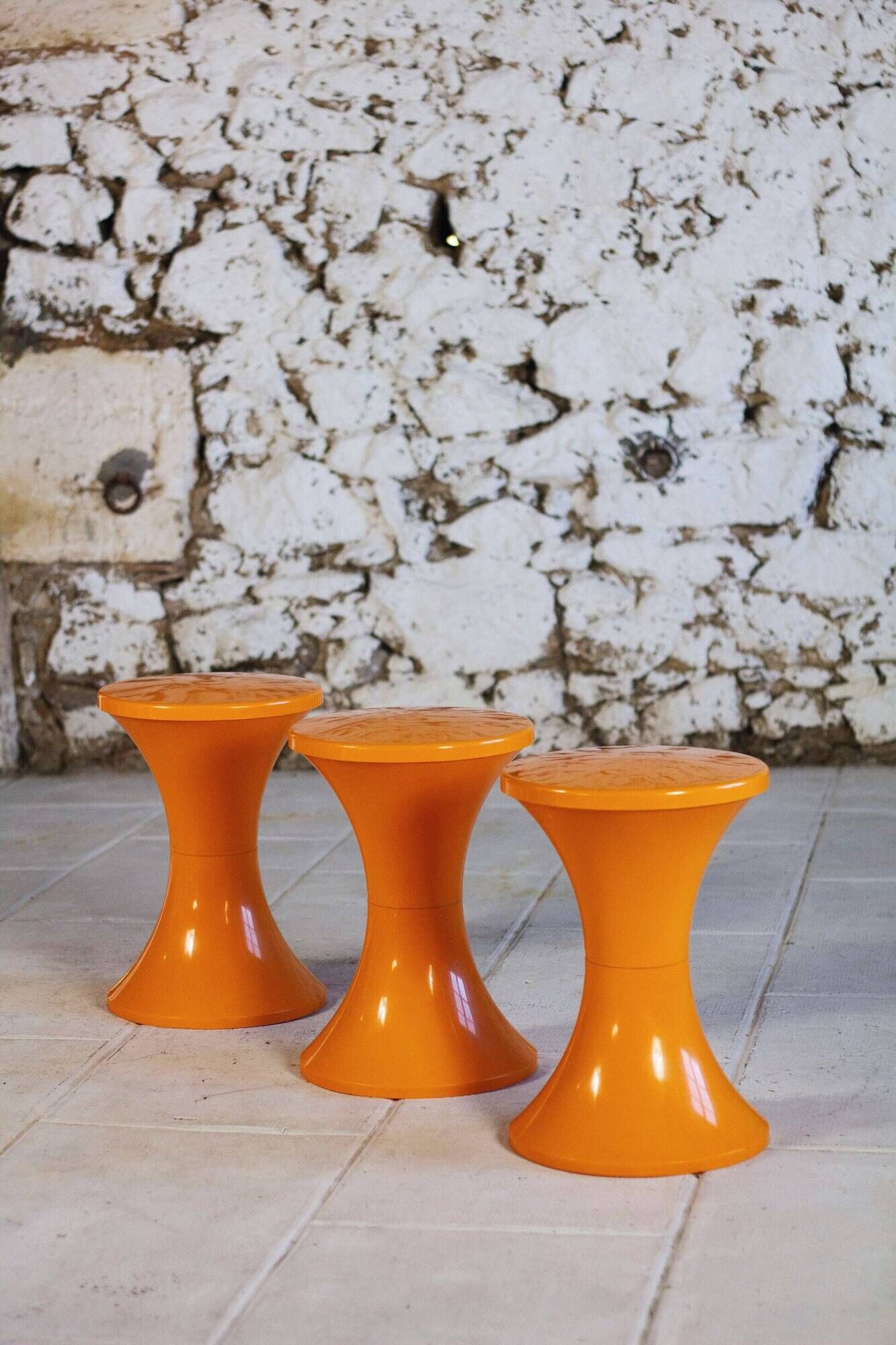 Set of 3 Tam Tam stools in orange by Henri Massonnet for Stamp, 1970.