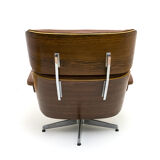 Fauteuil lounge et ottoman en cuir et bois plié des années 60/70