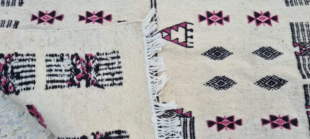 Hand-made black and pink white wool rug  210x105cm