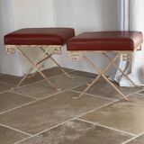 Paire de tabourets en cuir et métal