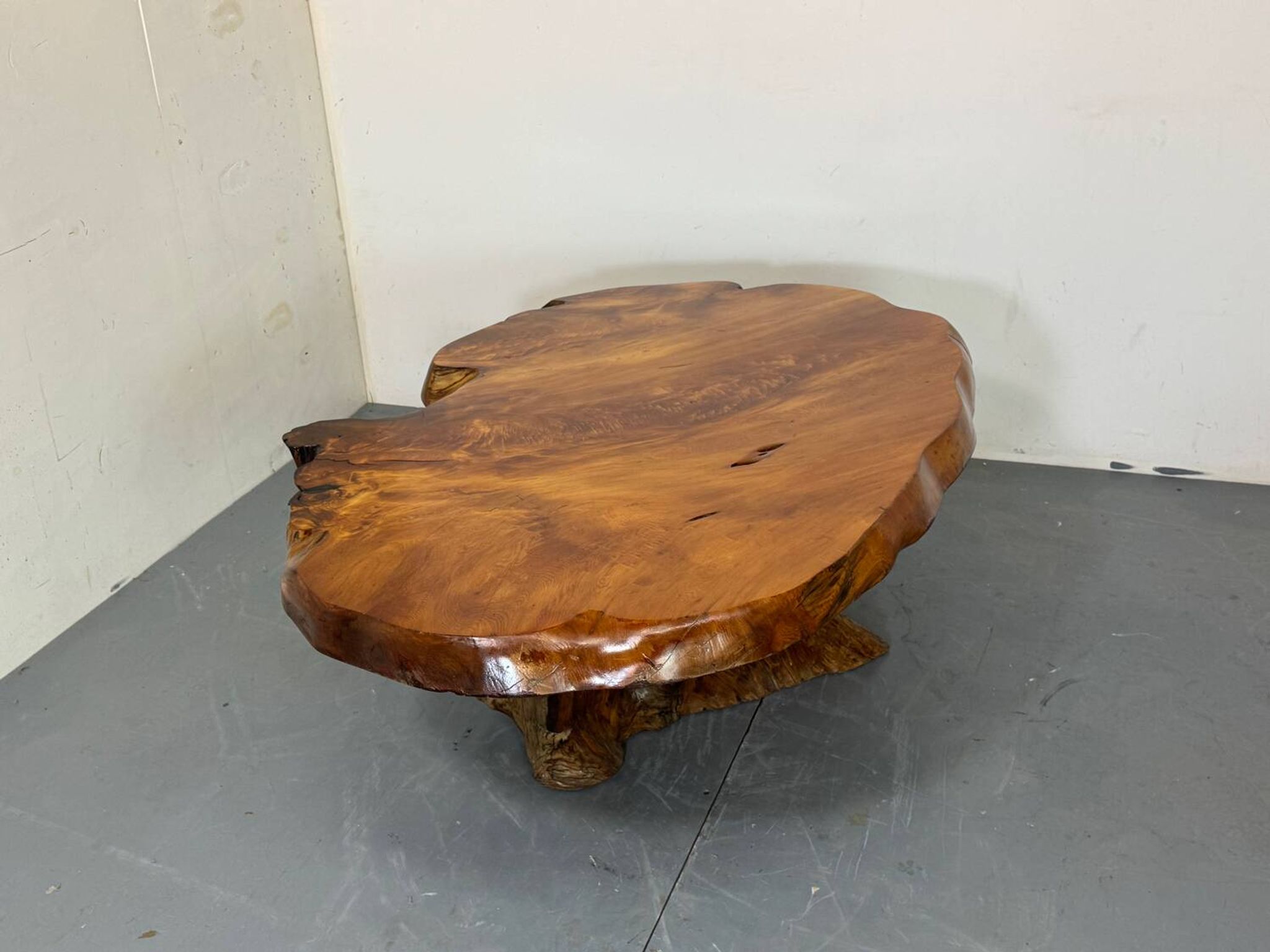 Brutalist Wabi Sabi mid-century coffee table made of natural biological burl wood.