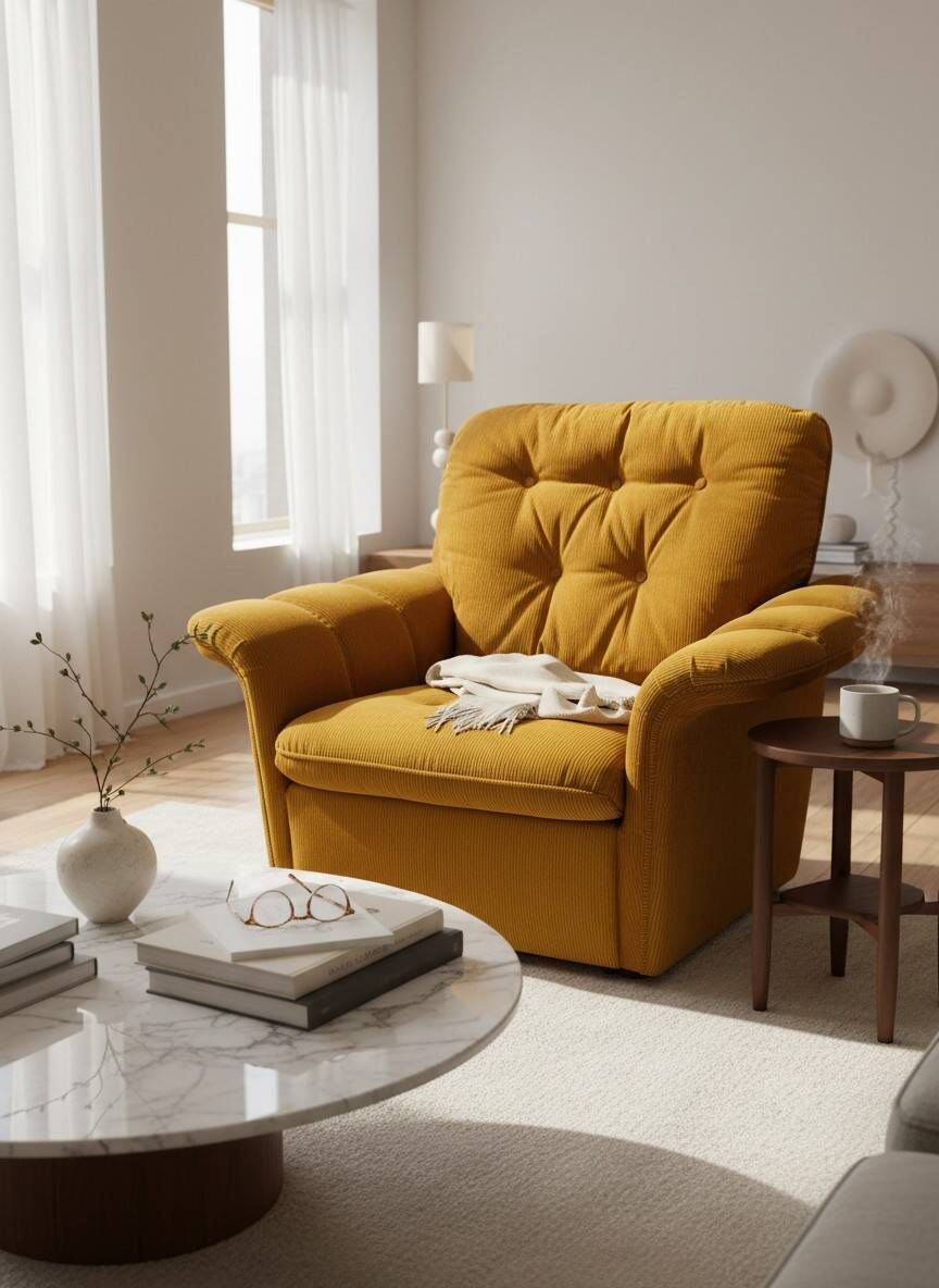 Vintage lounge chair on wheels in golden mustard corduroy 70s