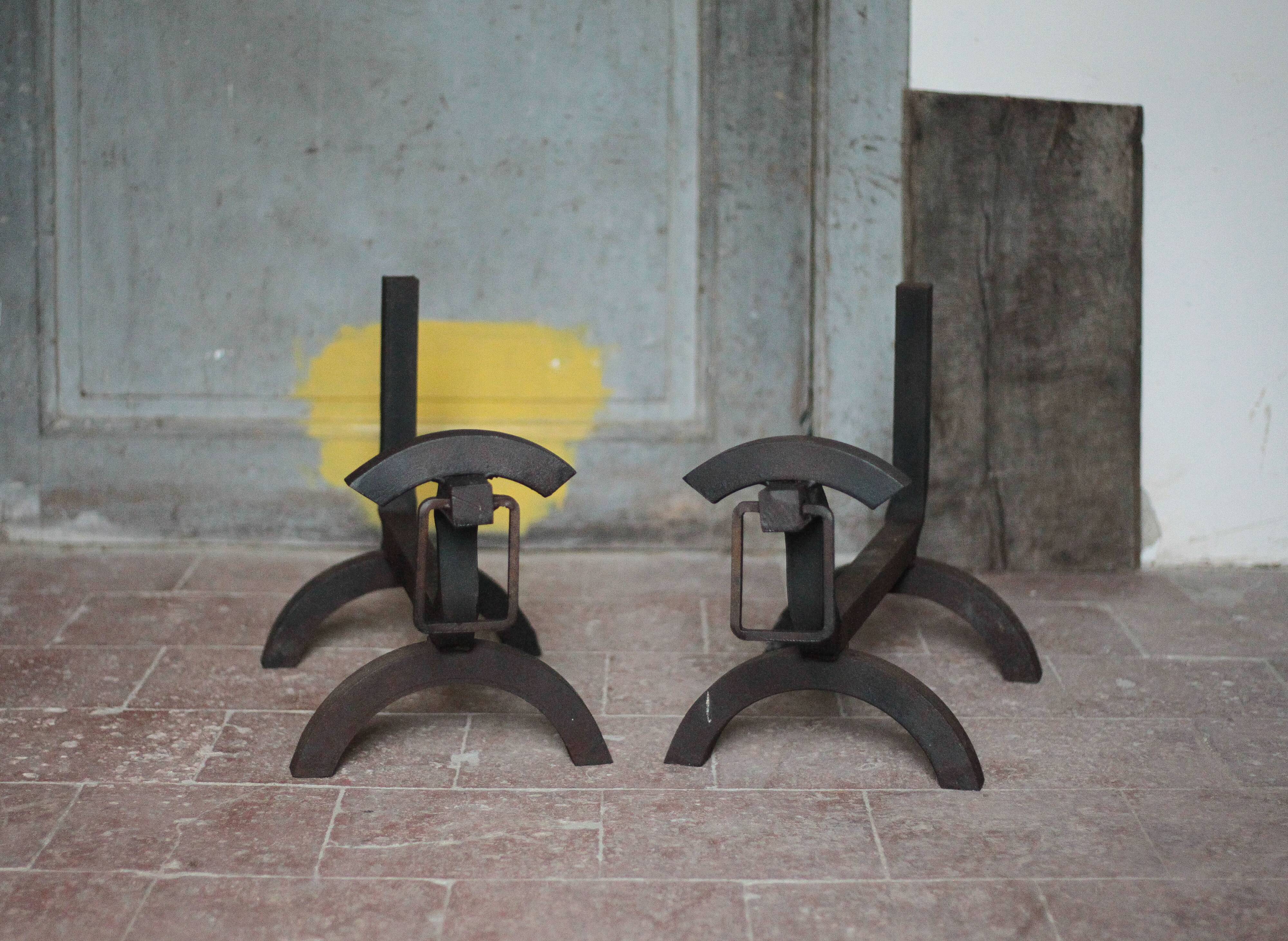 Vintage chenets, pair of brutalist dog-shaped chenets, fireplace accessory.