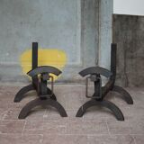 Vintage chenets, pair of brutalist dog-shaped chenets, fireplace accessory.