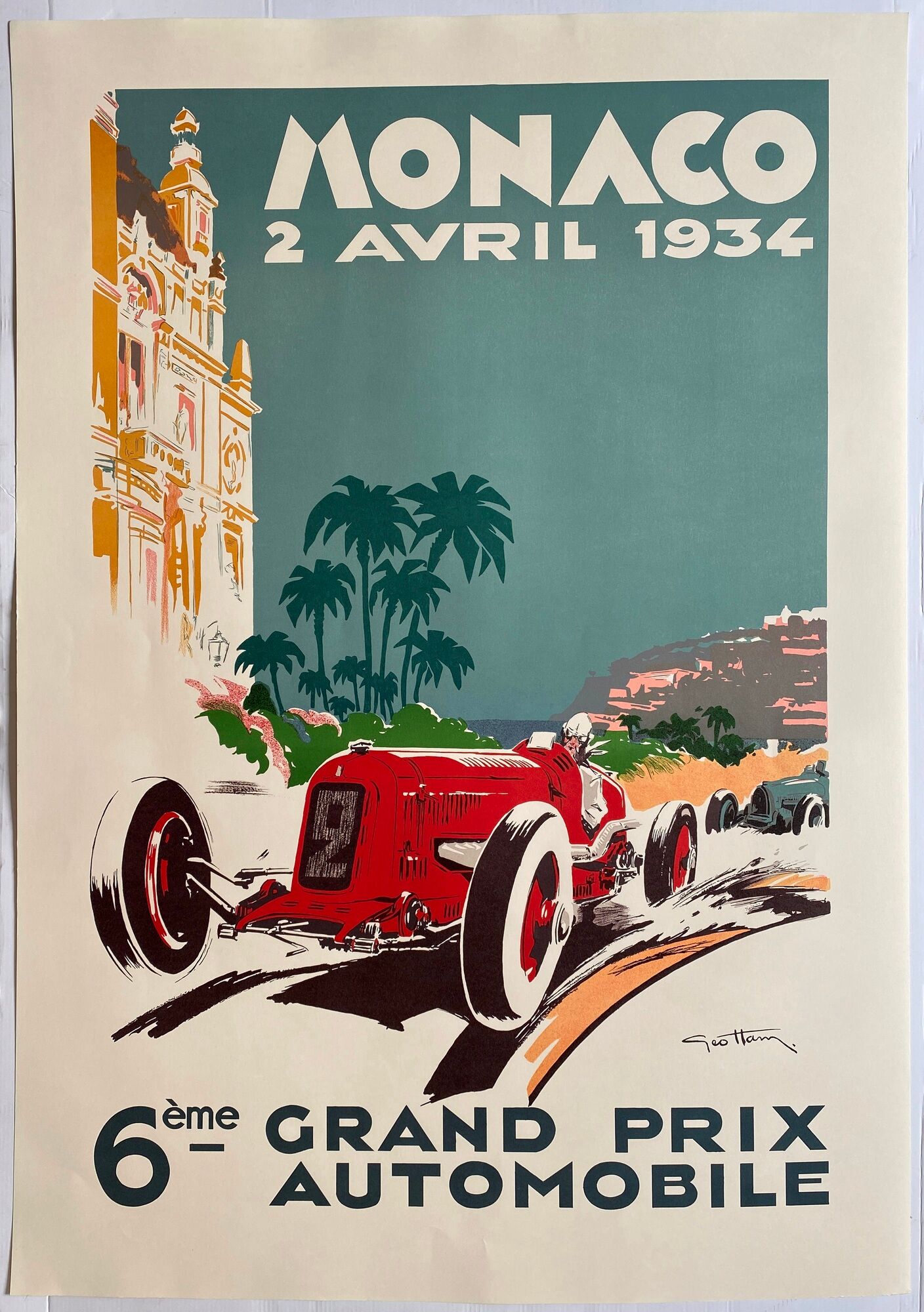 Lithograph poster "Grand Prix de Monaco 1934" Geo Ham 70x100cm 80's