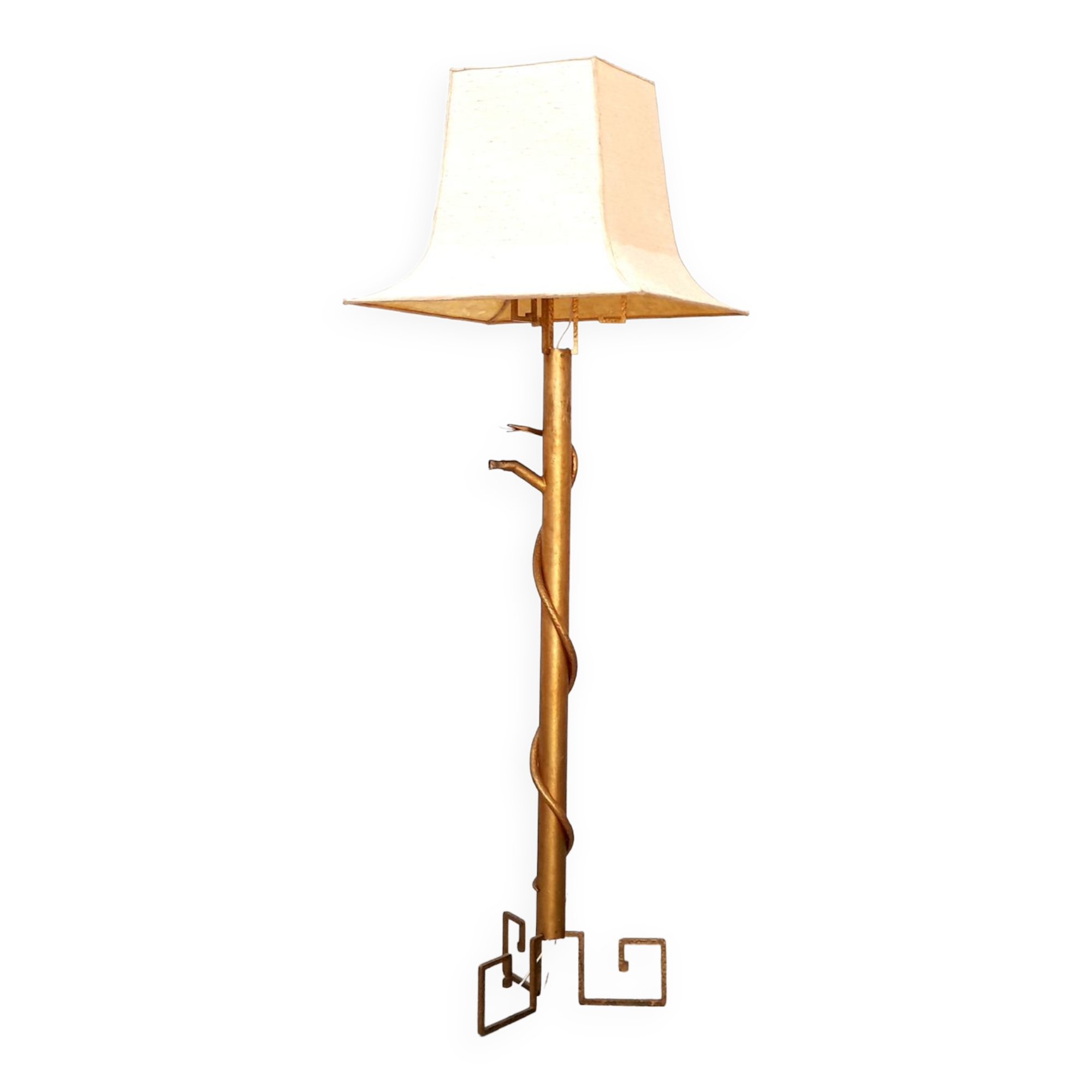 Floor lamp in hammered brass and gilded metal with reptilian decoration - Vintage from the 4s to