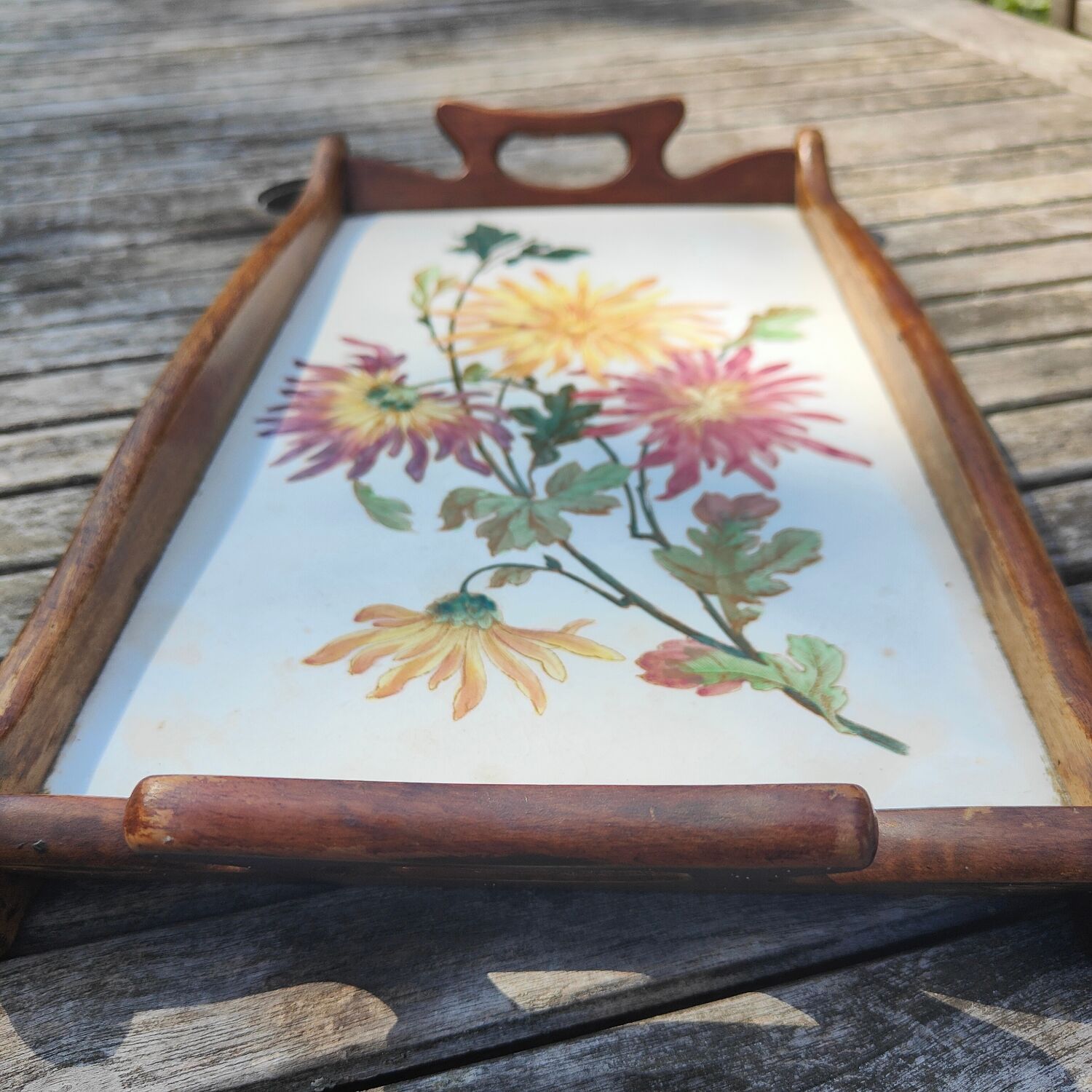 Plateau céramique peinte et bois