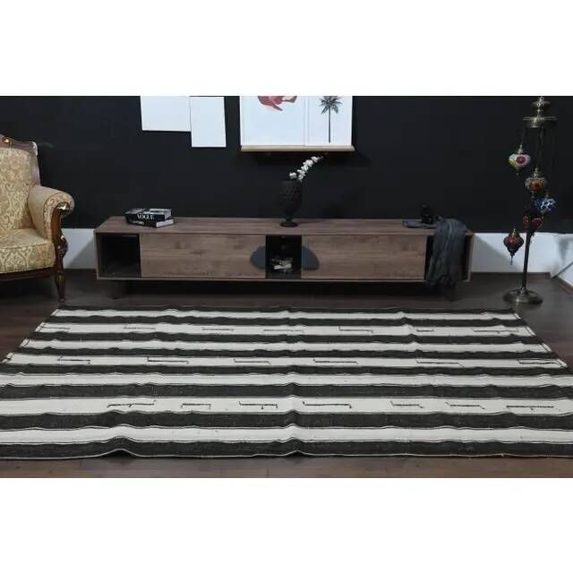 Black Beige Kilim Handmade Wool Antique Area Rug 186x291