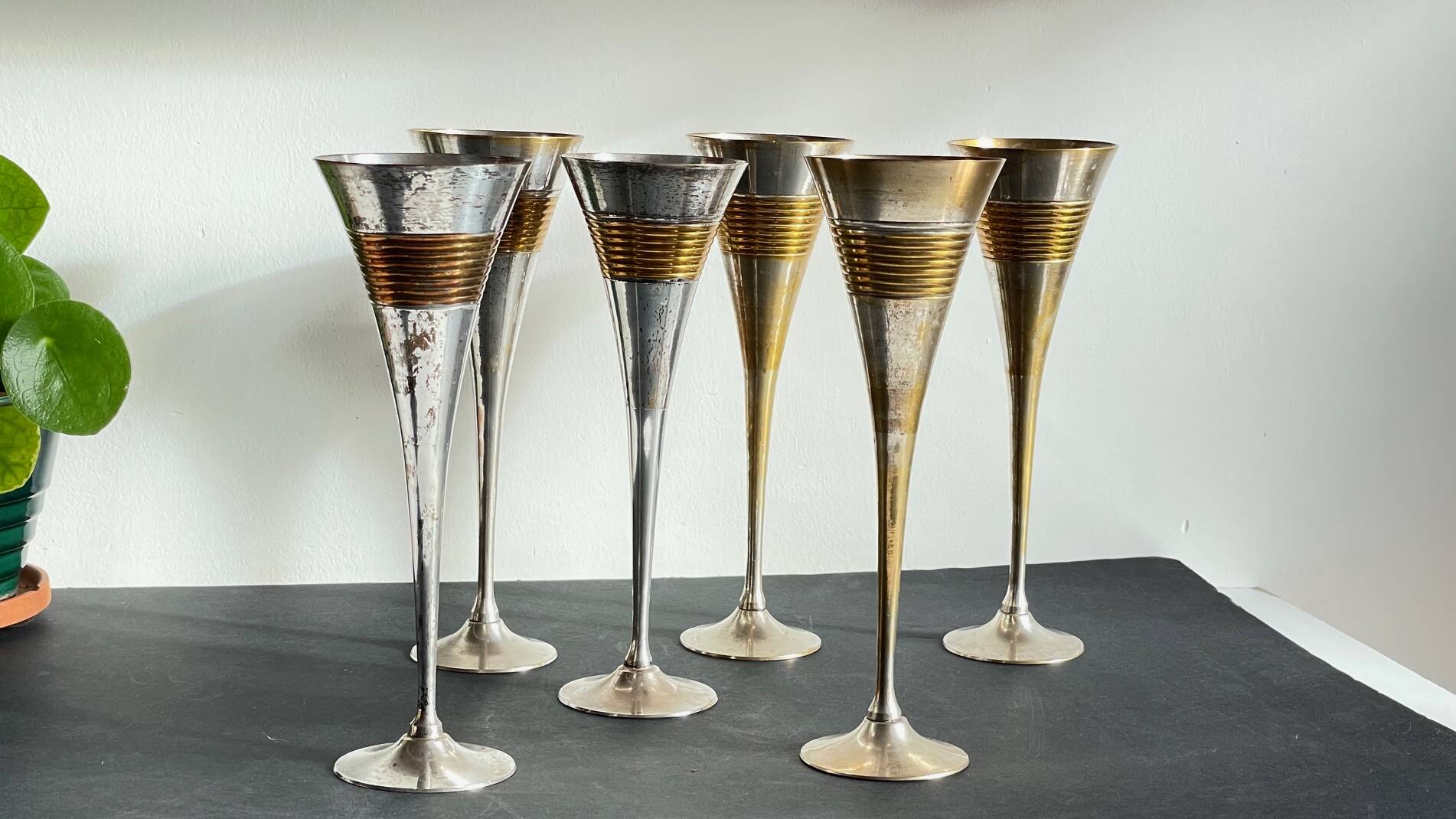 6 Vintage Silver-Plated Brass Champagne Flutes