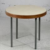 Side table tubular steel base, round top strapping wood, France, circa 1950