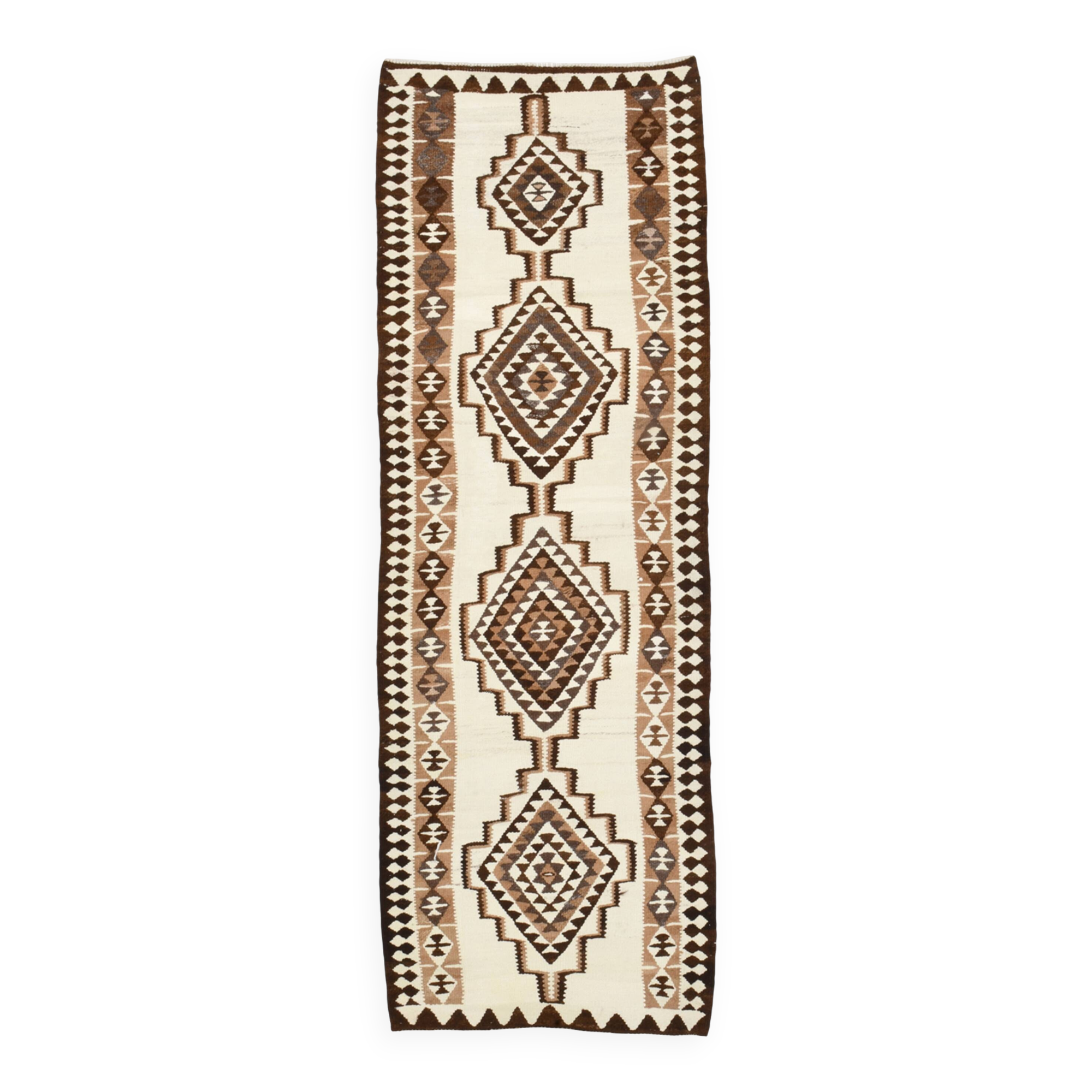 Tapis Kilim marron et crème 3x8, 86x252 cm