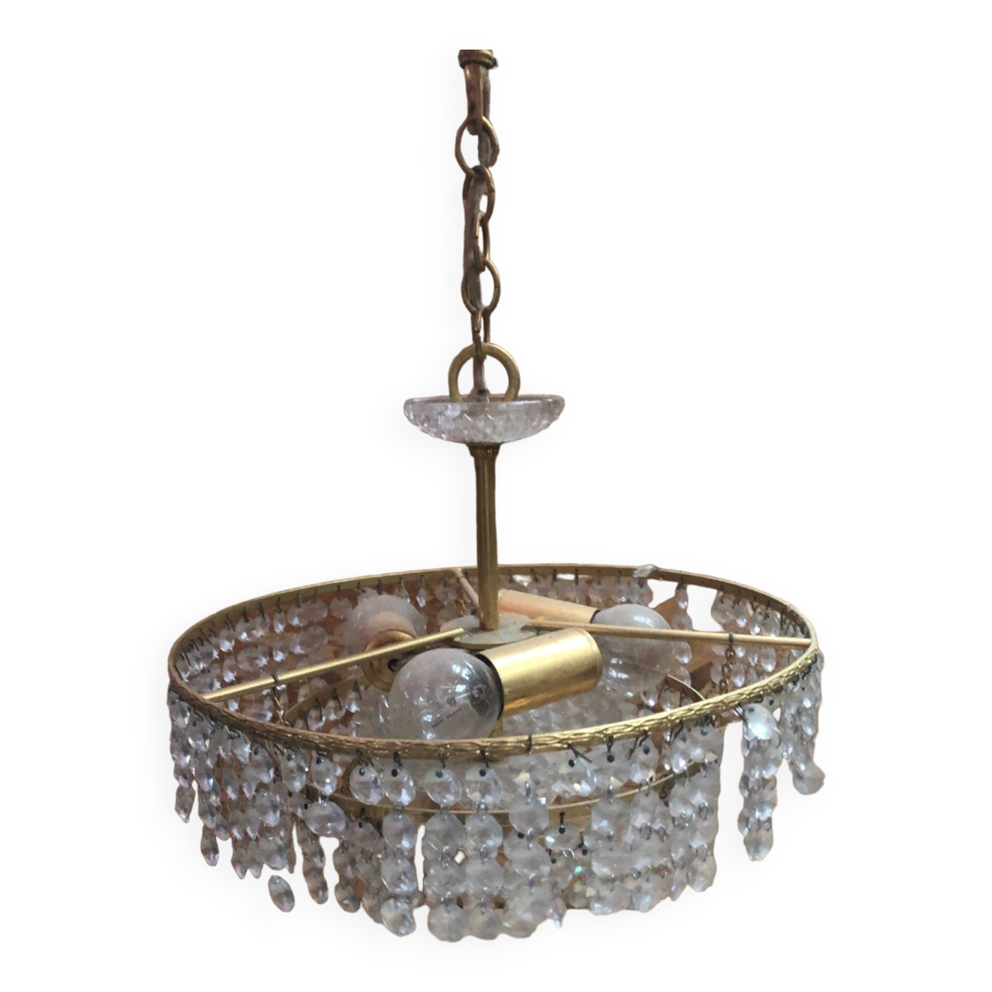 Ancien Lustre Laiton Cascade Pampilles Vintage