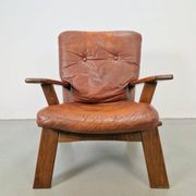 Brutalist Wood Armchair with Brown Leather Upholstery, Germany, 1960s