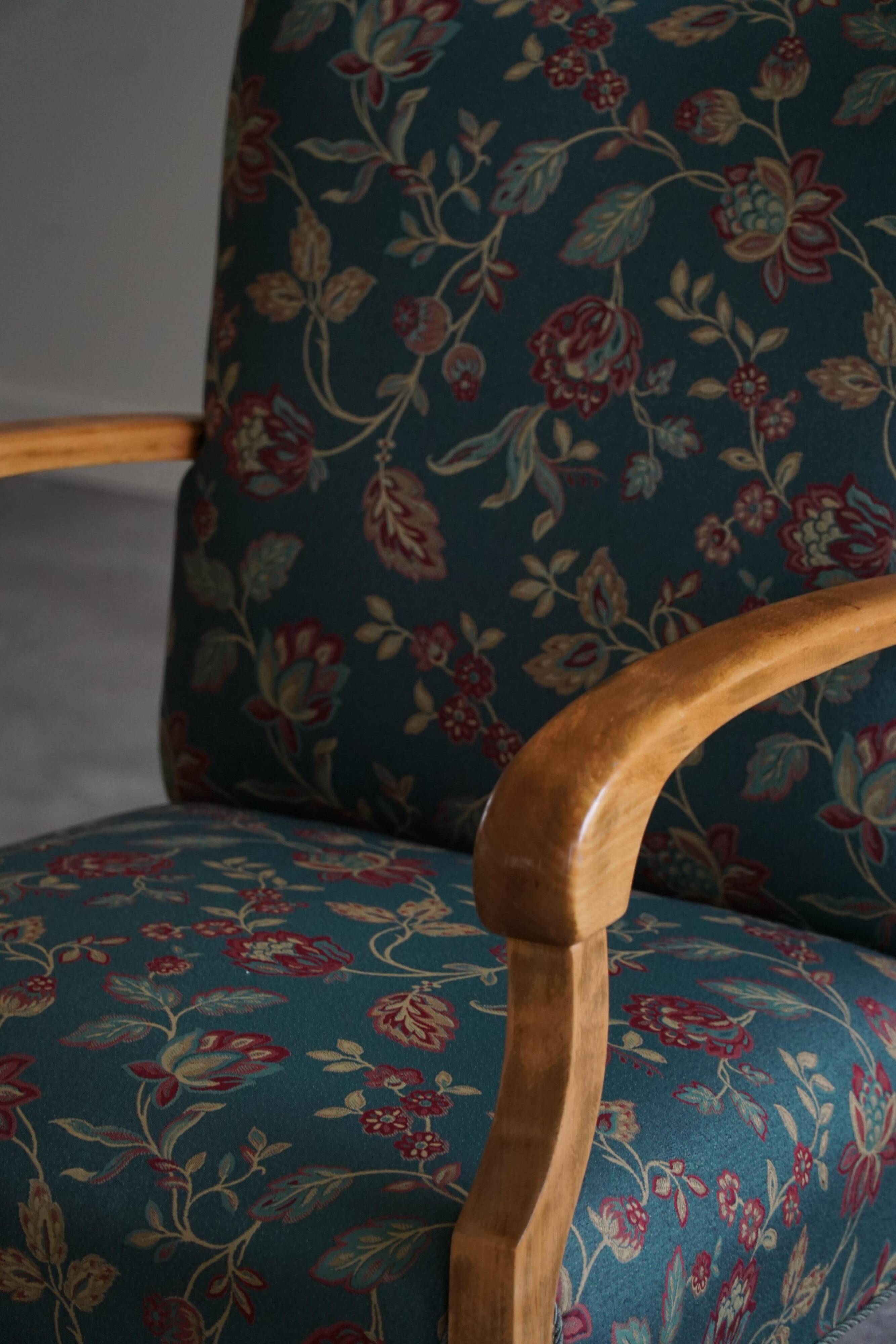 Danish mid-century modern, pair of beech armchairs with original fabric, 1960s.