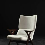 Fauteuil haut de salon vintage en teck et tissu bouclé blanc du milieu du siècle norvégien, années 1960