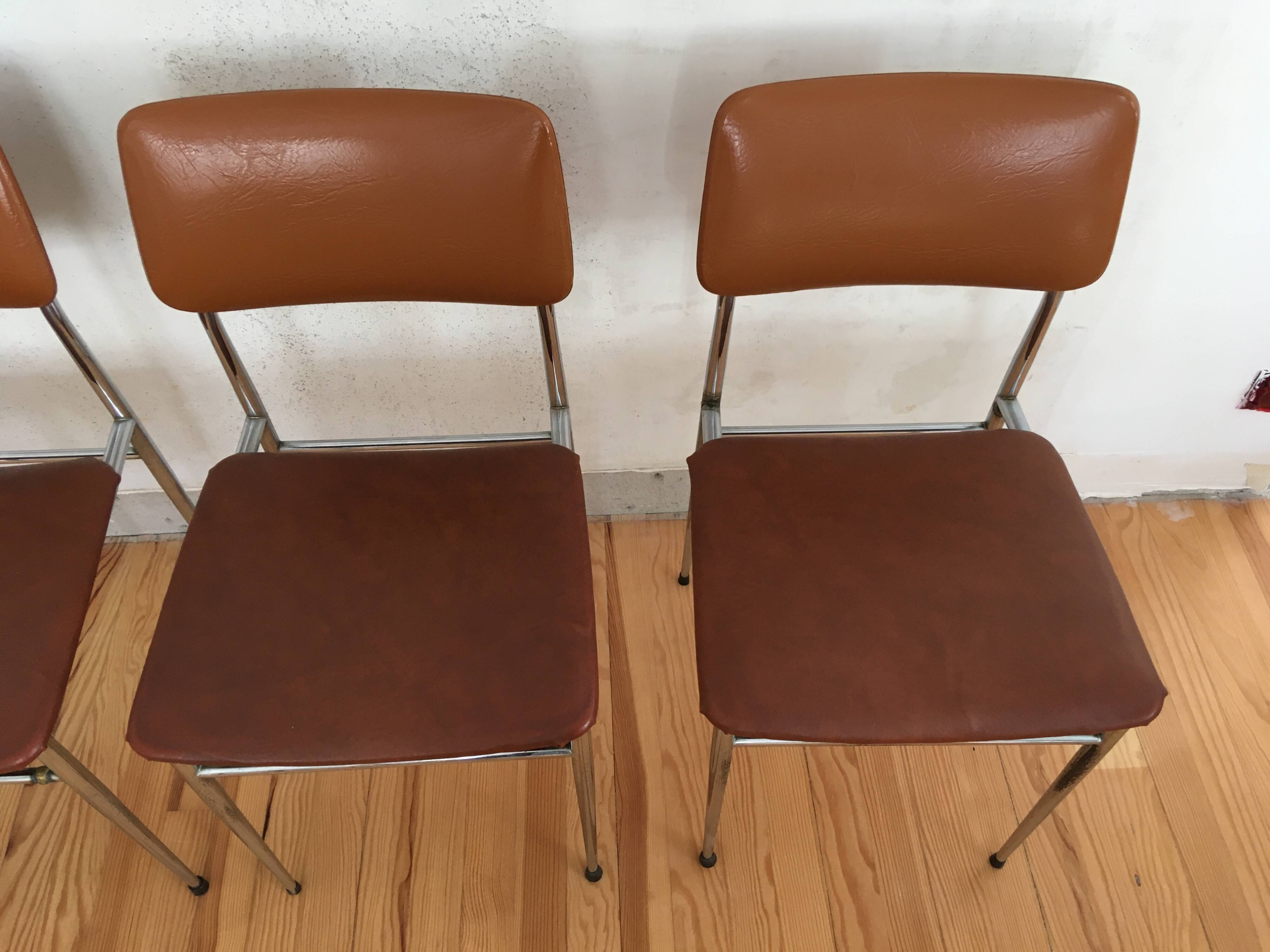 4 chaises skaï camel métal chromé années 70