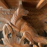 Black Forest carved wooden wall console, harness with wolf decoration