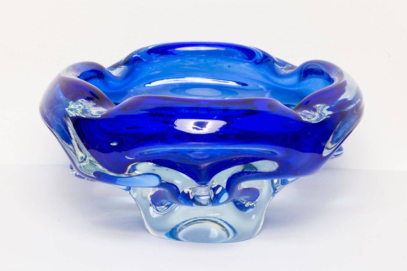 Artistic blue glass ashtray bowl from the mid-20th century, Italy, 1970s.