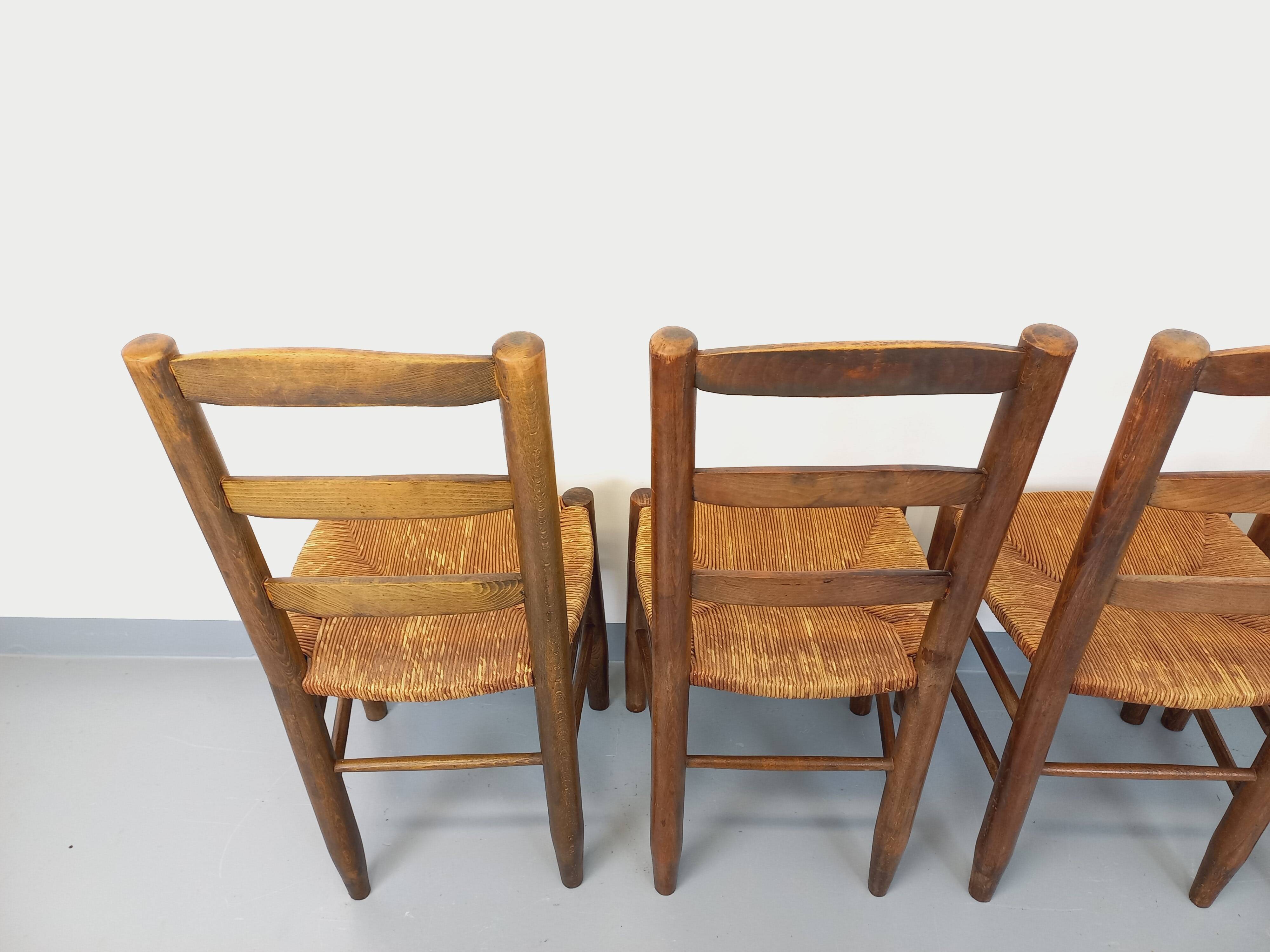 Set of 4 vintage brutalist chairs in wood and straw from the 60s
