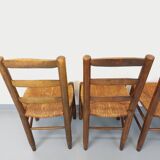 Set of 4 vintage brutalist chairs in wood and straw from the 60s