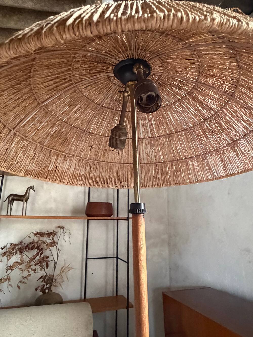 Scandinavian tripod reading lamp in teak and brass.