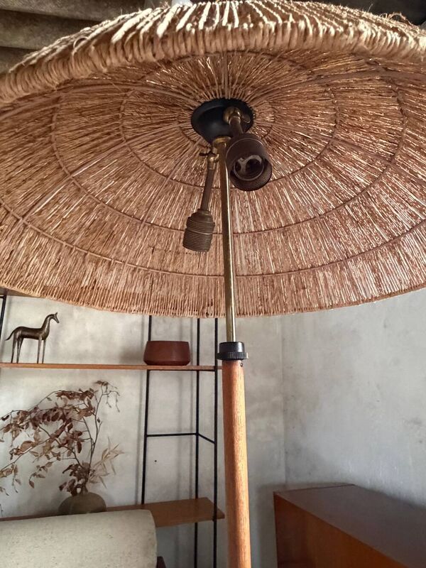 Lampadaire liseuse scandinave tripode teck et laiton