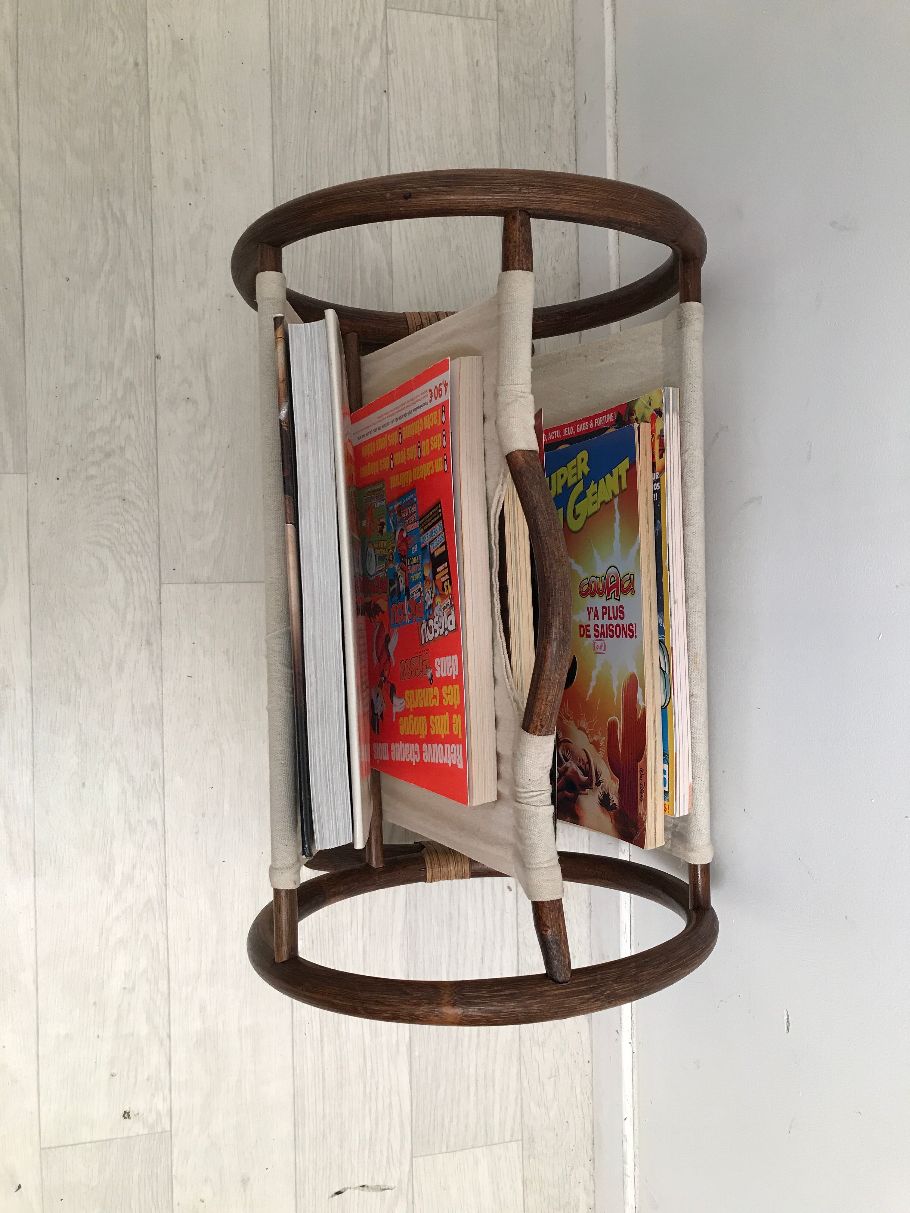 Magazine holders in rattan wicker and fabric 70s