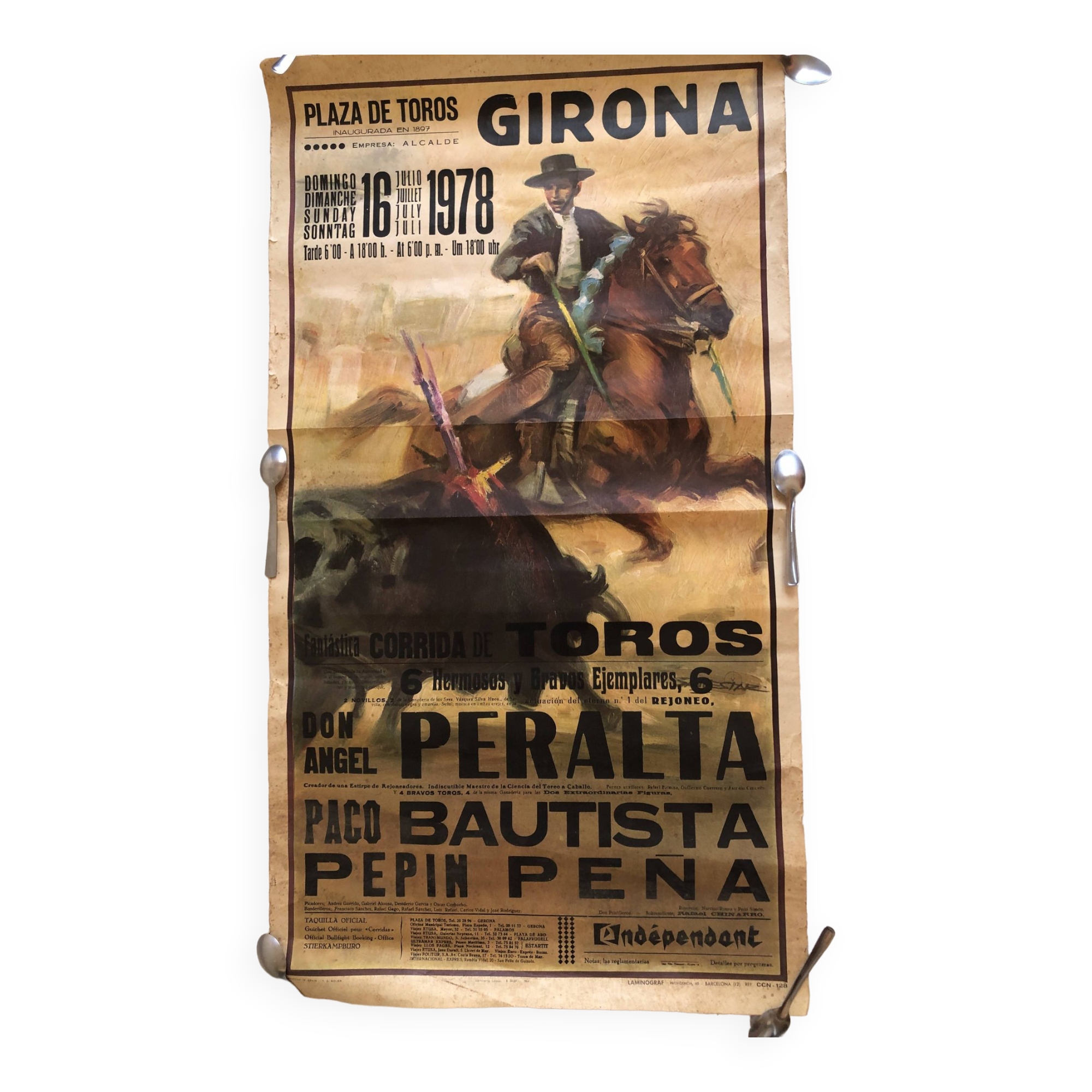 Corrida poster 1978 girona spain rejoneador bull toro bullring toreador picador banderillas