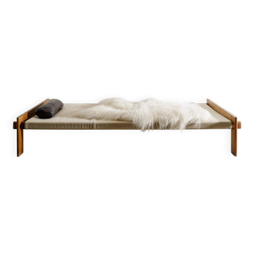 Vintage Danish Mid Century Wooden Sheepskin Daybed by Tage Poulsen, 1950s