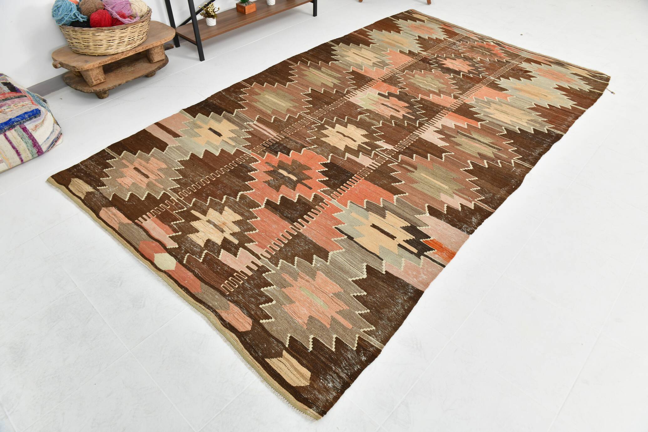 6x12 Brown & Beige Turkish Vintage Kilim Rug, 179x363Cm SK 35163
